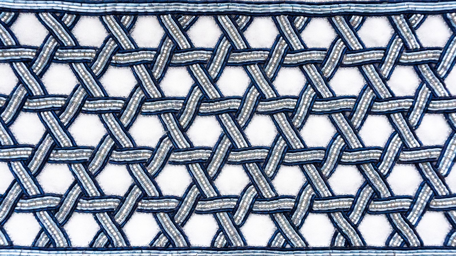 Close-up of the hand embroidery on the Rochmah — Indigo atarah