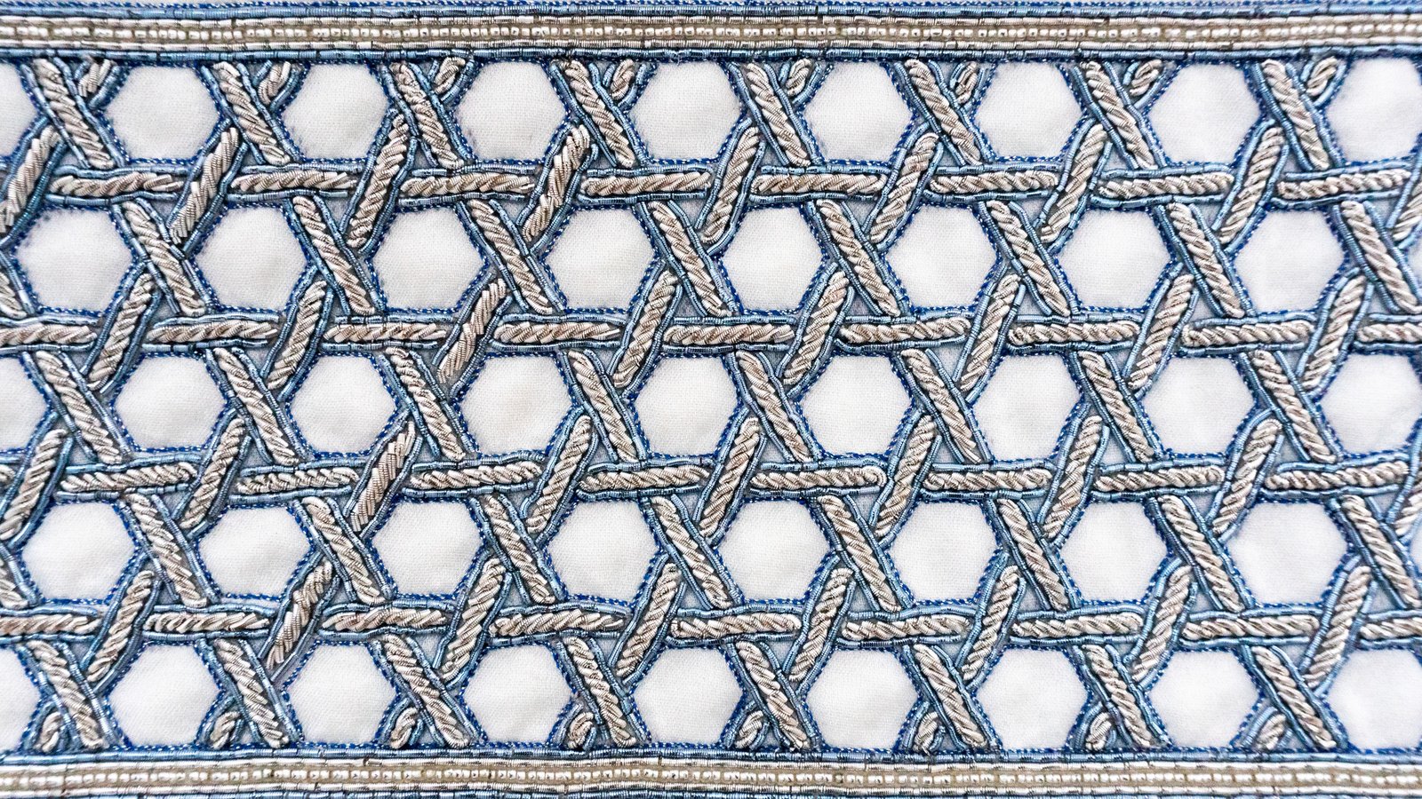 Close-up of the hand embroidery on the Rochmah — Light Blue atarah