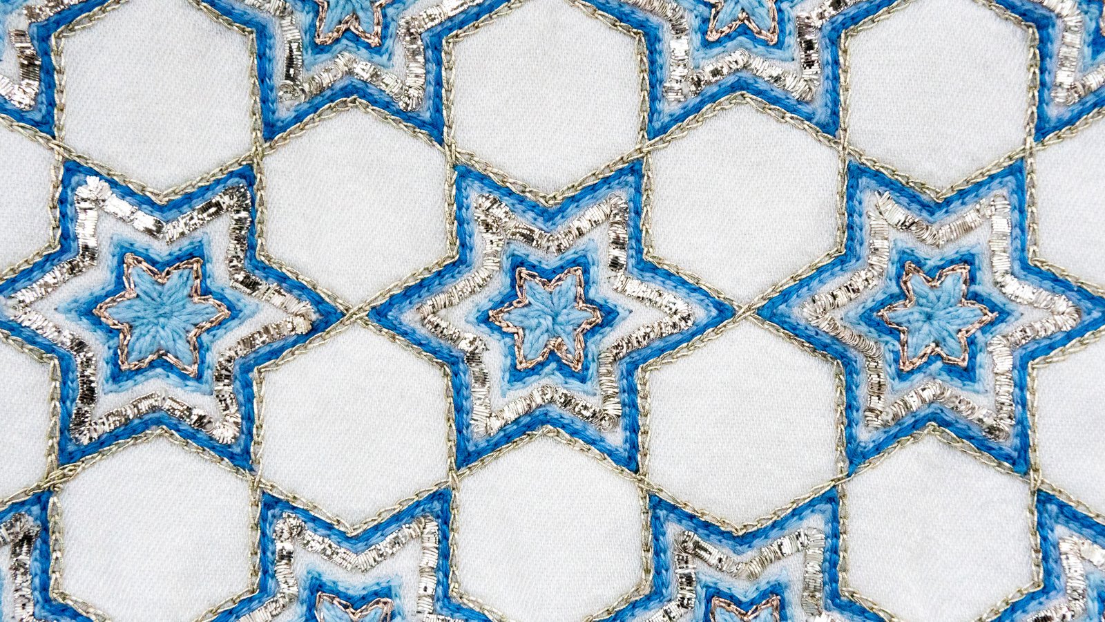 Close-up of the hand embroidery on the Tchelet atarah